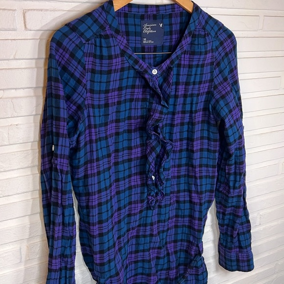American Eagle Blue And Purple Plaid Long Sleeve Ruffle Shirt, Women’s Size 10 - Picture 2 of 8
